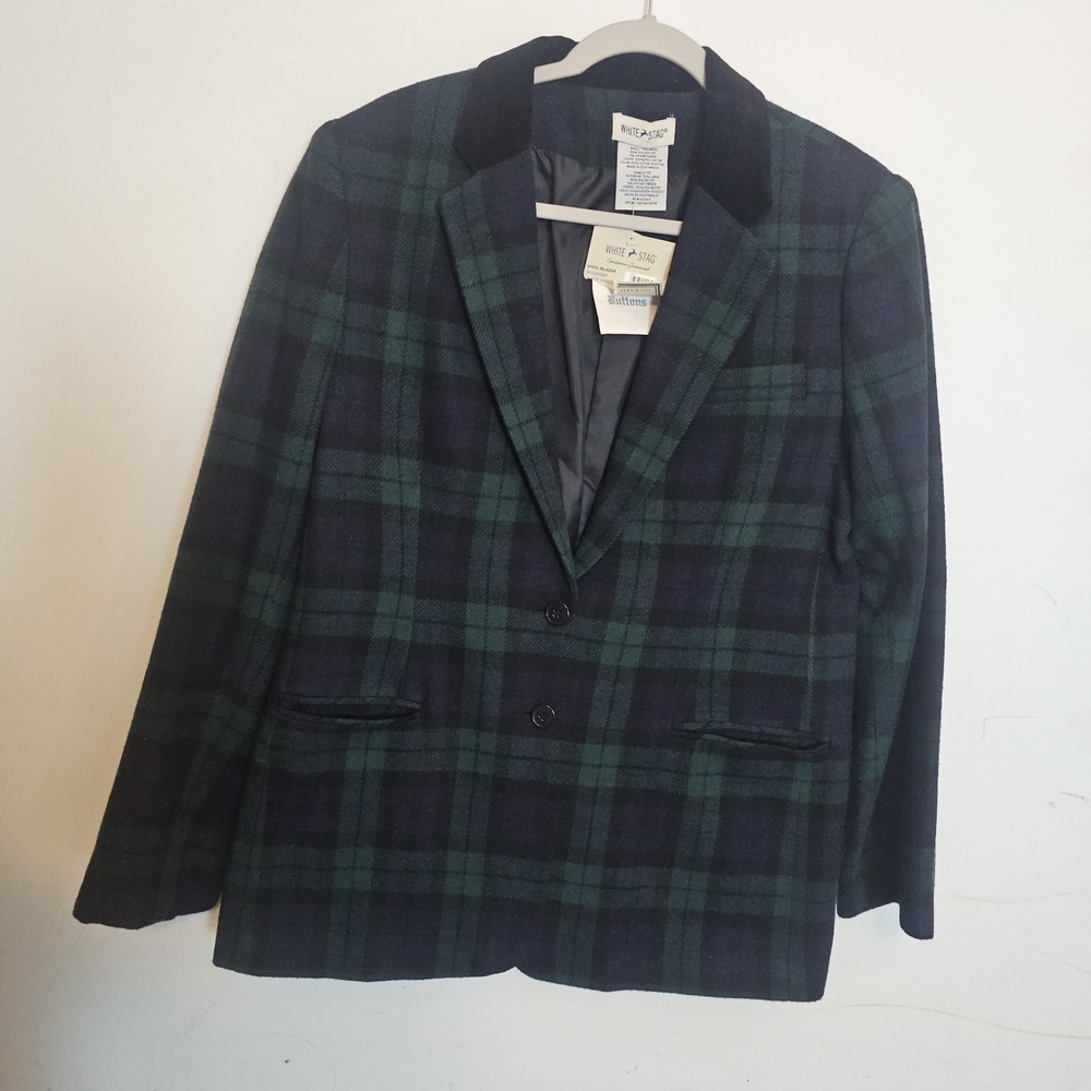 NWT Vtg Wool Plaid Blazer Women's Sz 10‎ Blue Green Preppy English Academia